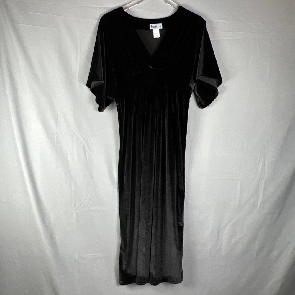 Karina Maxi Dress Womens XS Black Velvet Stretch V Neck Pleated Party Cocktail